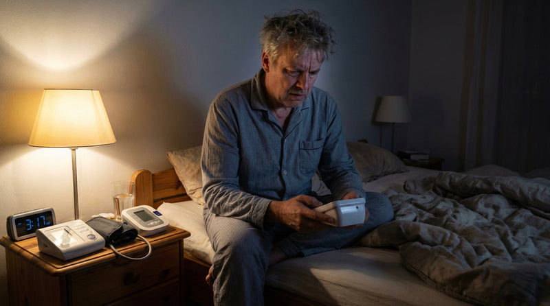 Mann misst am Bett sitzend seinen Blutdruck mit einer Oberarmmanschette